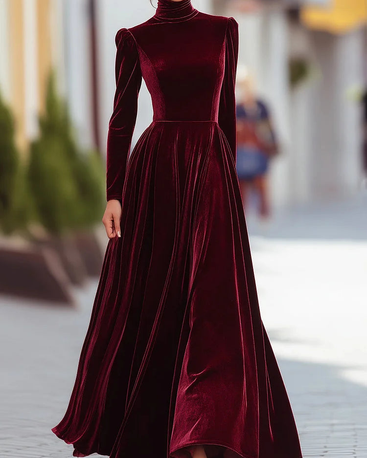 Abito da sera in velluto bordeaux con maniche lunghe