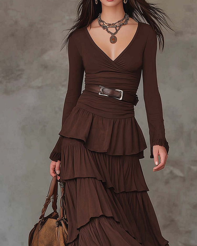 Abito maxi retro marrone con scollatura a V (incluso cinturino)