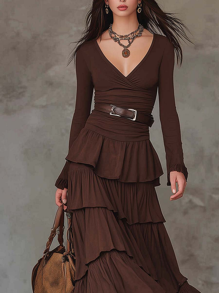 Abito maxi retro marrone con scollatura a V (incluso cinturino)
