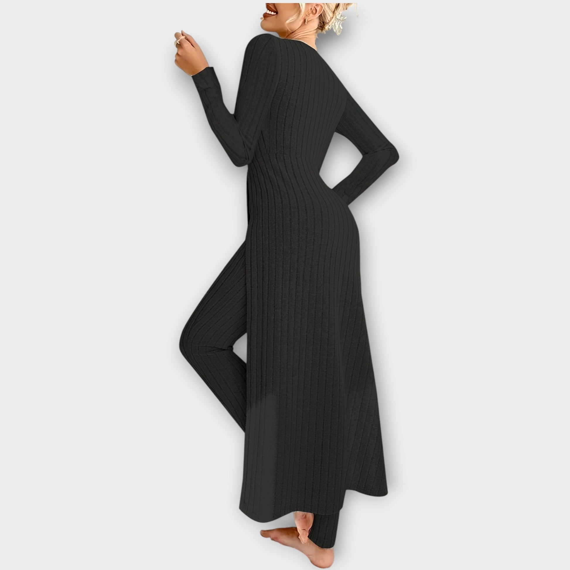 Set Lounge in Maglia a Coste con Tunica Scollo a V