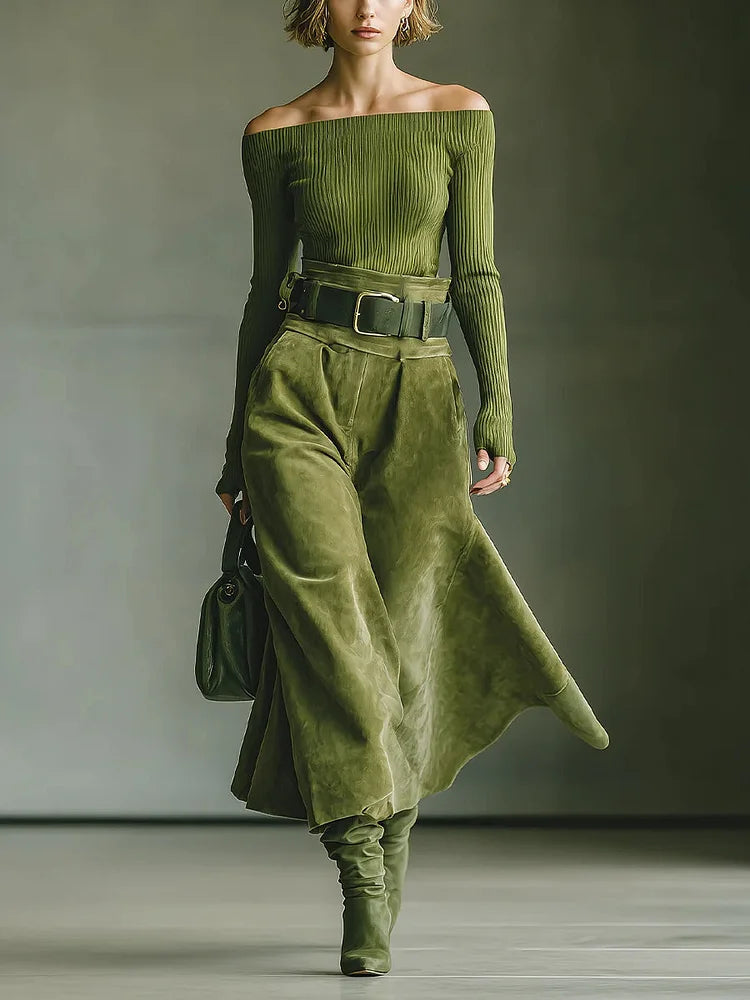Set top off-shoulder verde oliva e gonna in suede (con cintura)