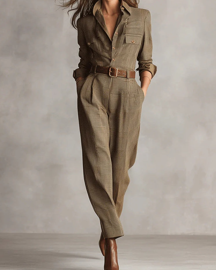 Alessia - Tuta utility in tweed marrone a fantasia raffinata