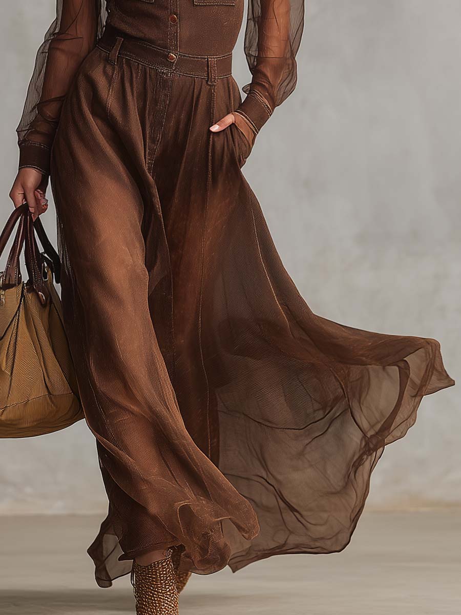 Abito Maxi Vintage Western in Cotone Marrone con Bottoni e Maniche Lunghe
