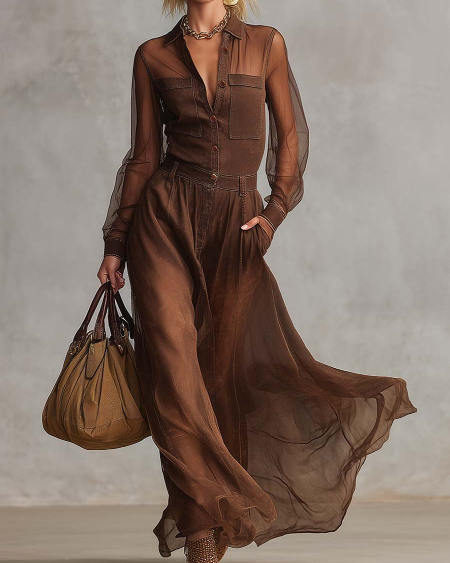 Abito Maxi Vintage Western in Cotone Marrone con Bottoni e Maniche Lunghe
