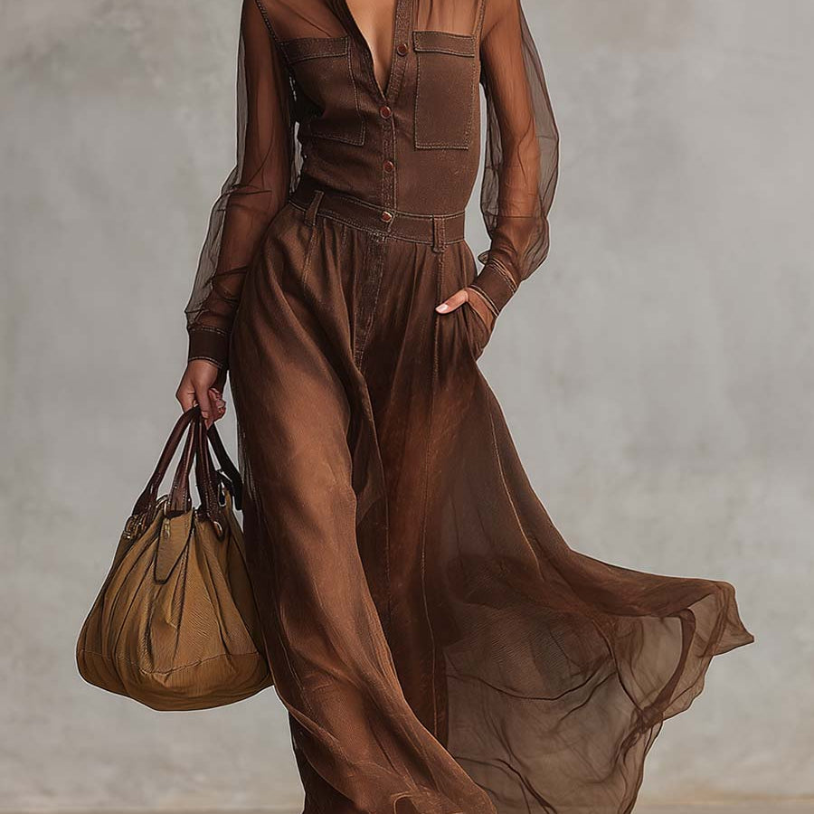 Abito Maxi Vintage Western in Cotone Marrone con Bottoni e Maniche Lunghe