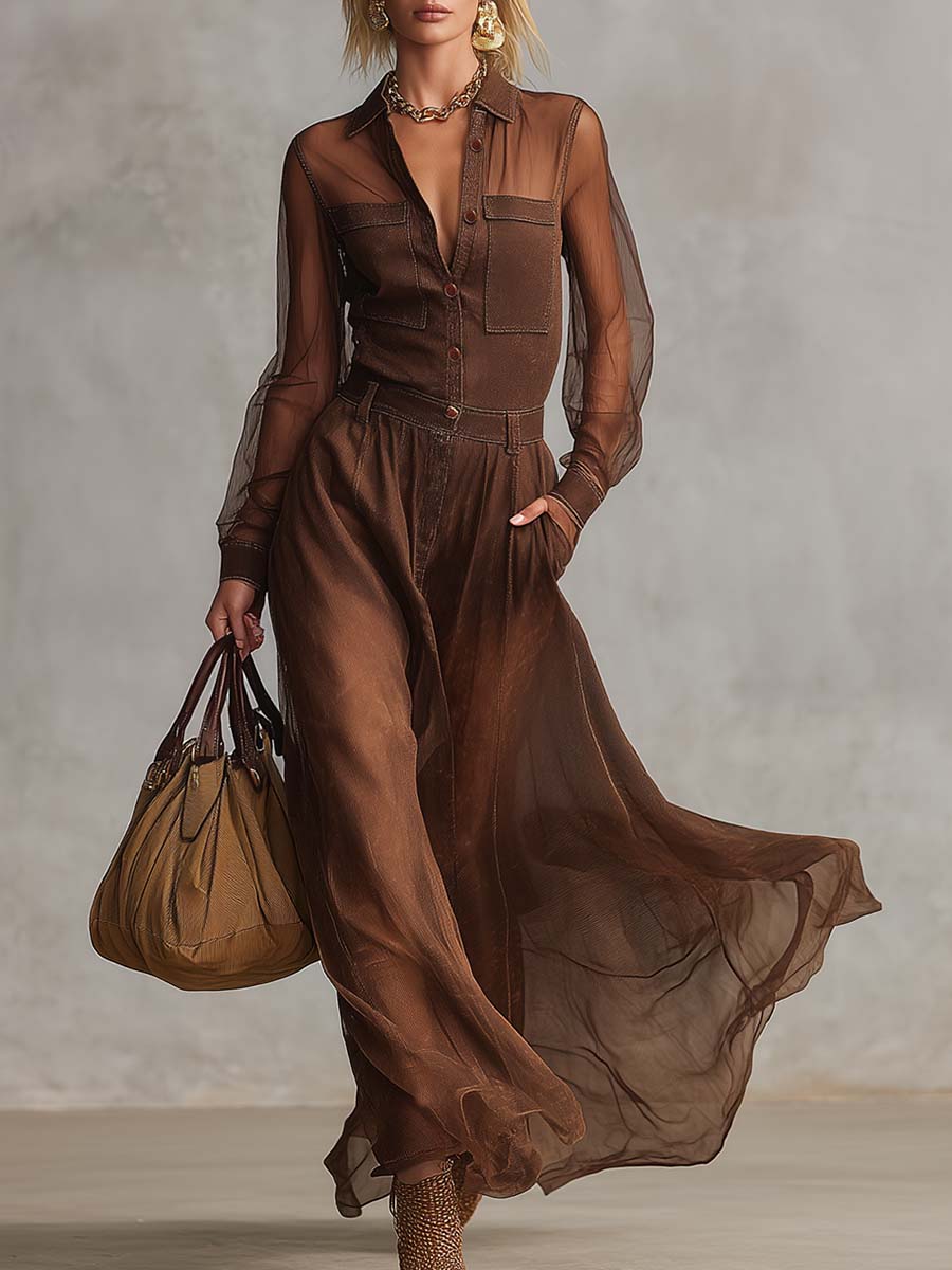 Abito Maxi Vintage Western in Cotone Marrone con Bottoni e Maniche Lunghe