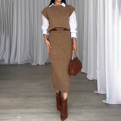 Sofia - Set maglione a maniche corte e gonna midi a coste elasticizzata