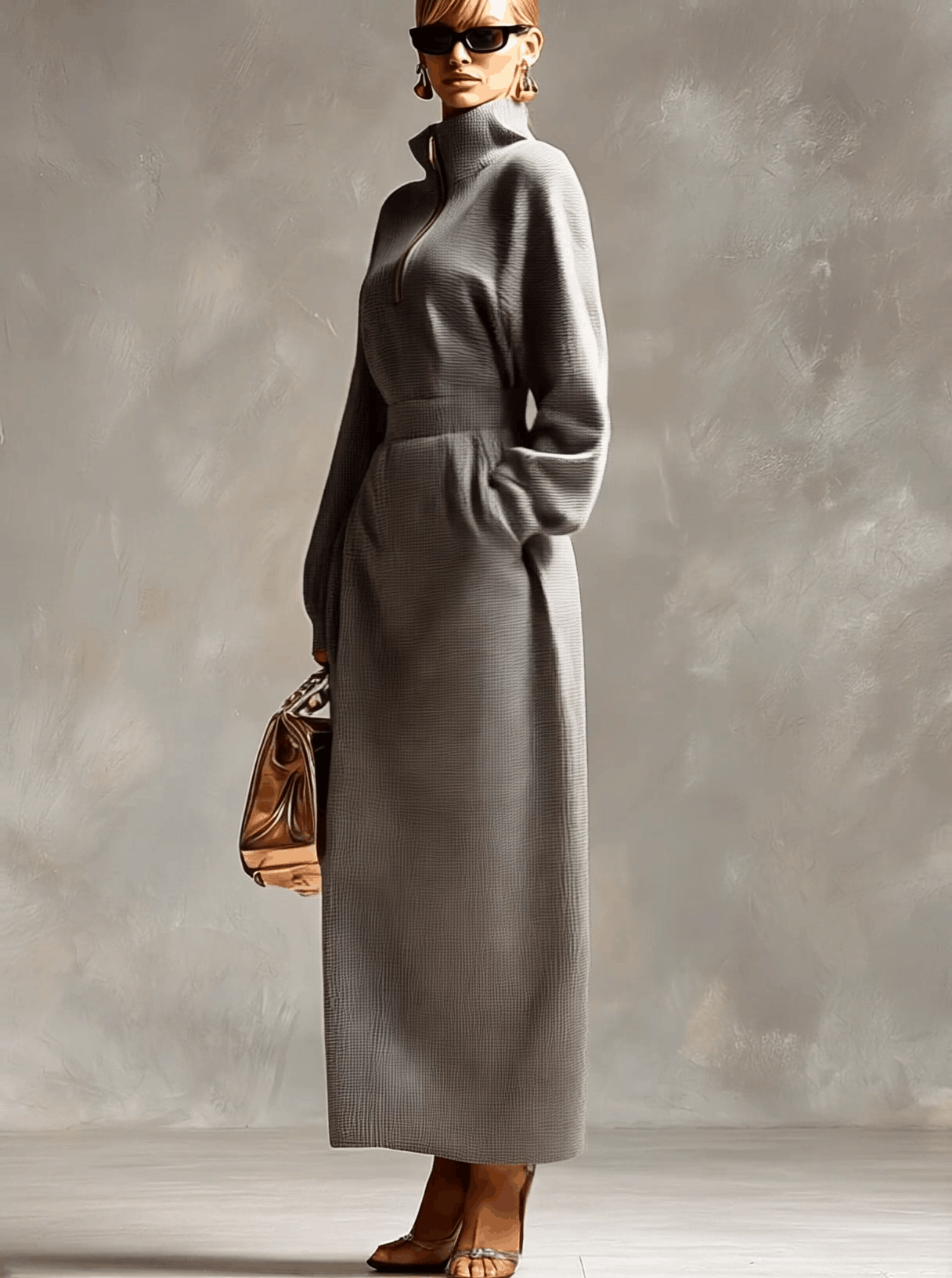 Abito Maxi Casual con Zip e Colletto Grigio Chiaro