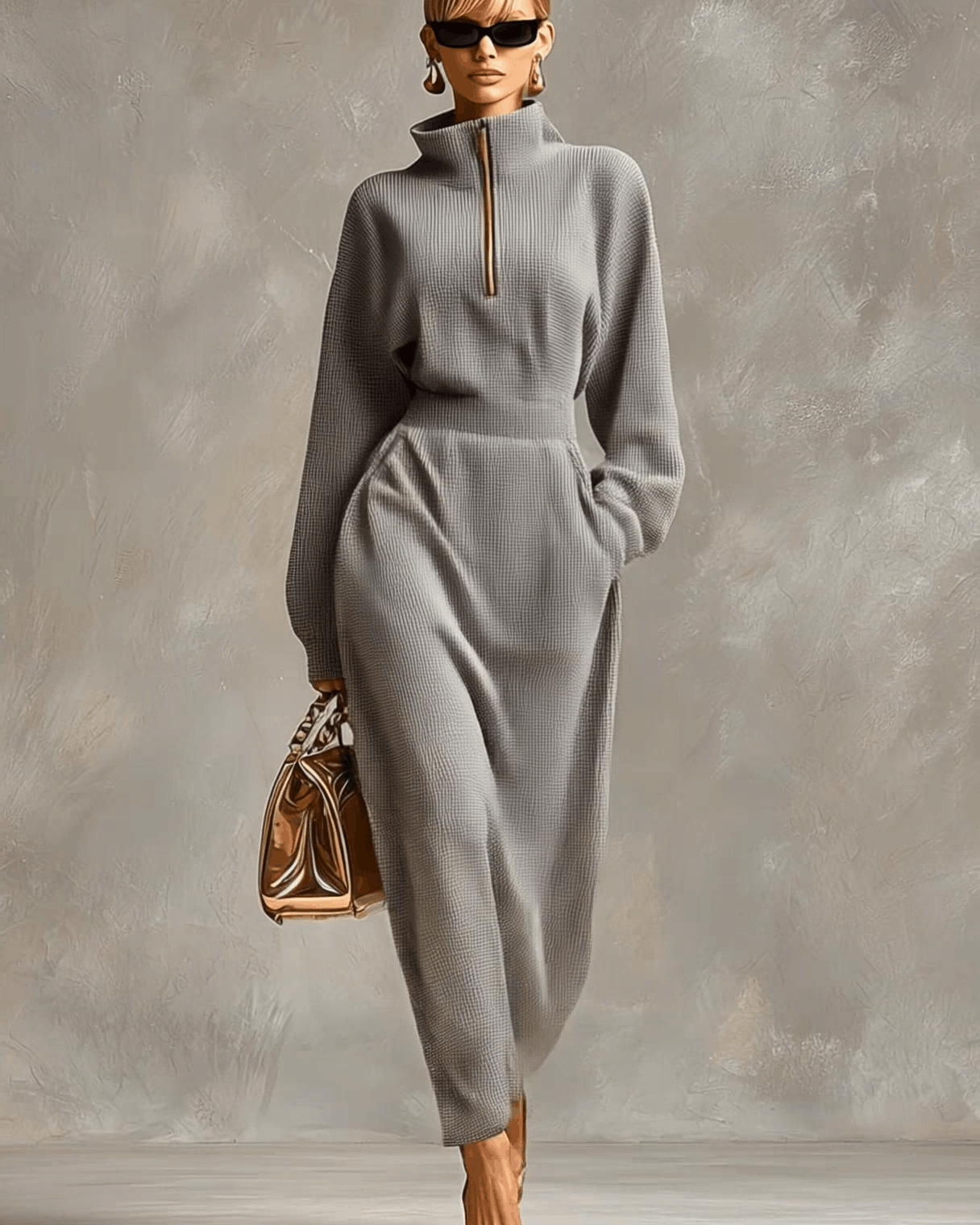 Abito Maxi Casual con Zip e Colletto Grigio Chiaro