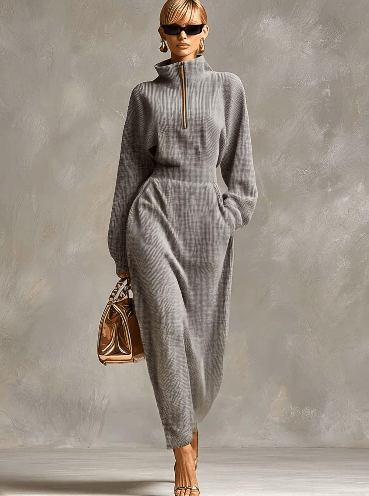 Abito Maxi Casual con Zip e Colletto Grigio Chiaro