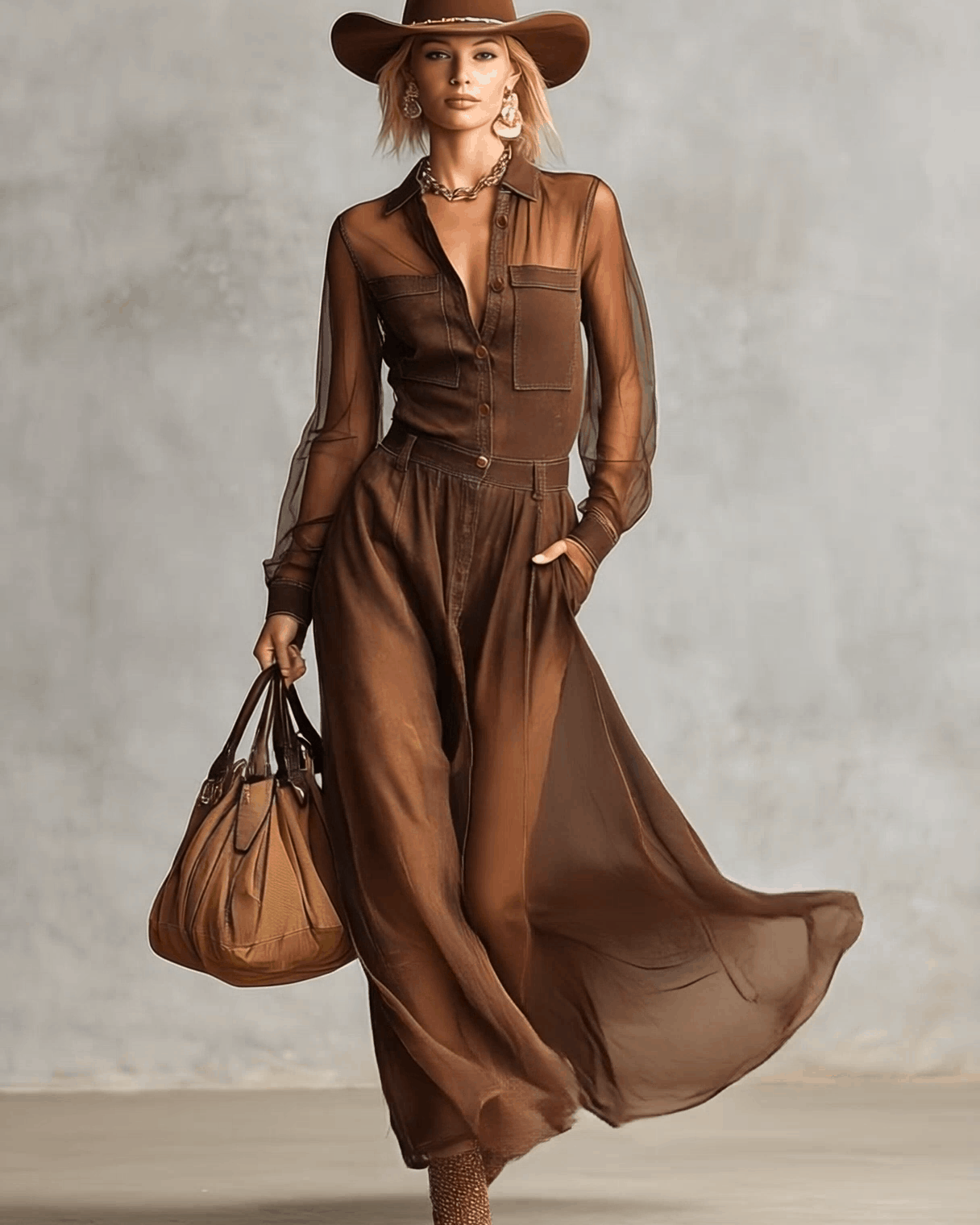 Abito Maxi Vintage Western in Cotone Marrone con Bottoni e Maniche Lunghe