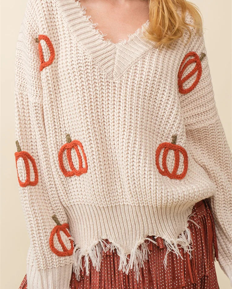 Maglione a V in Maglia con Zucca