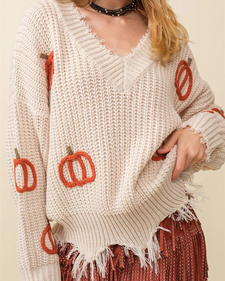 Maglione a V in Maglia con Zucca