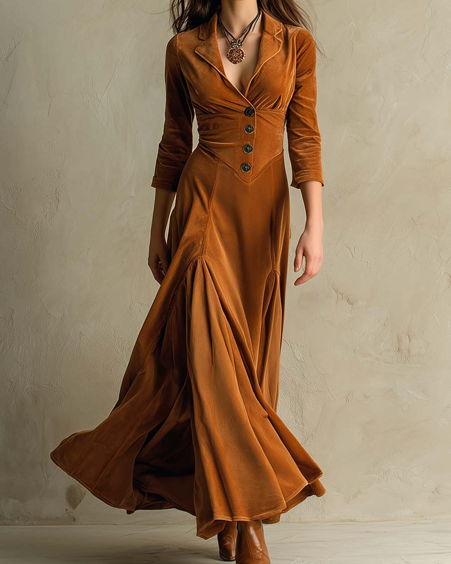 Abito Lungo Elegante in Velluto Marrone con Colletto Retrò