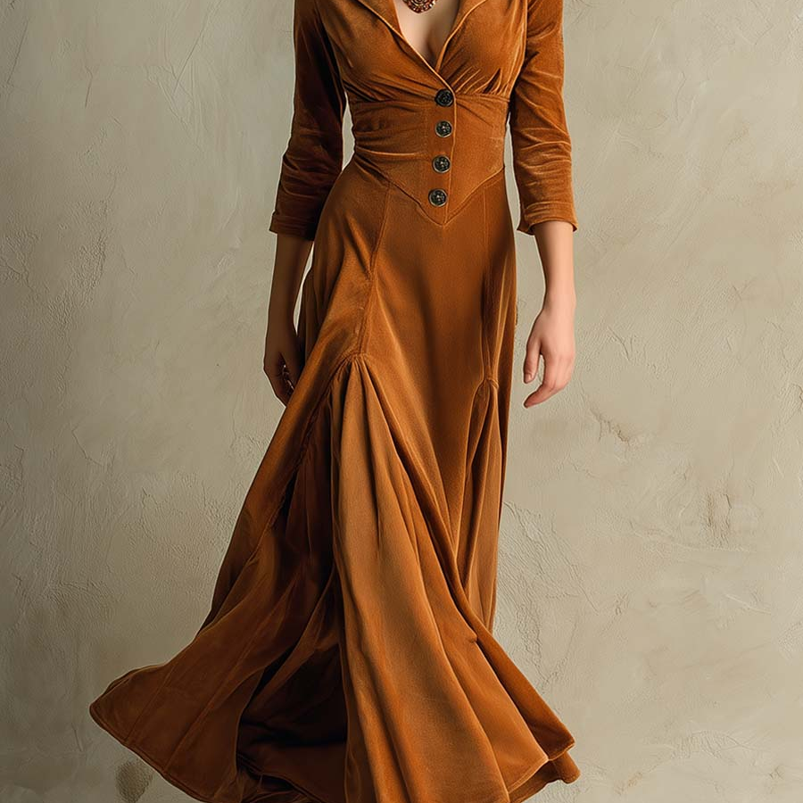 Abito Lungo Elegante in Velluto Marrone con Colletto Retrò