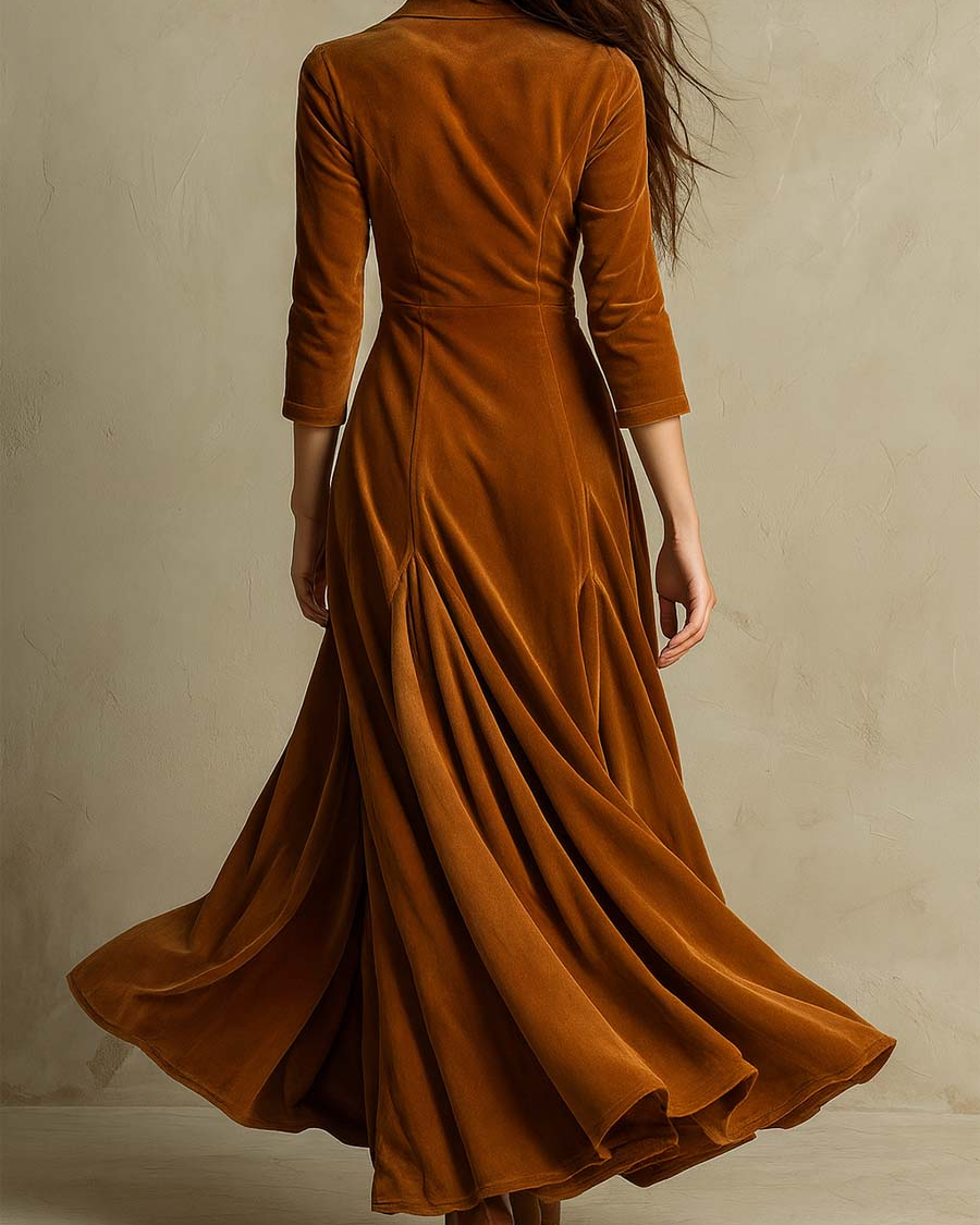 Abito Lungo Elegante in Velluto Marrone con Colletto Retrò