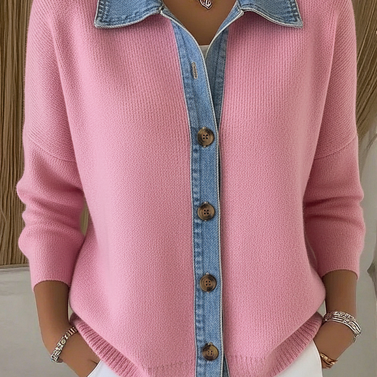 Cardigan in Maglia con Colletto Polo e Patchwork in Denim con Bottoni