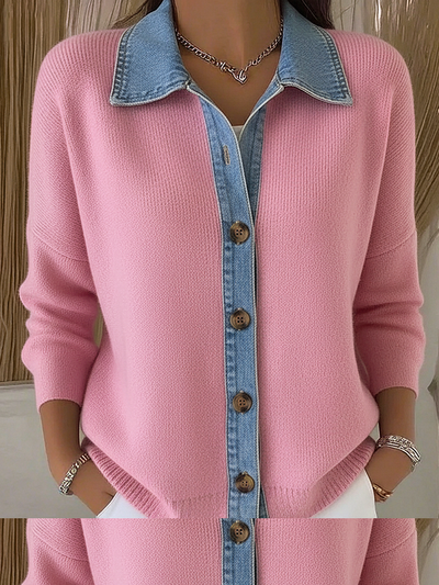 Cardigan in Maglia con Colletto Polo e Patchwork in Denim con Bottoni