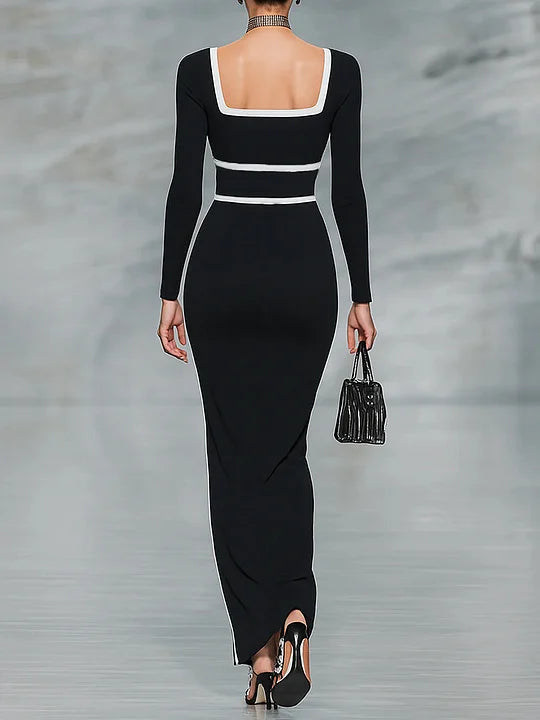 Abito Maxi Aderente a Maniche Lunghe con Scollo Quadrato e Bordo Bicolore (Bianco e Nero)