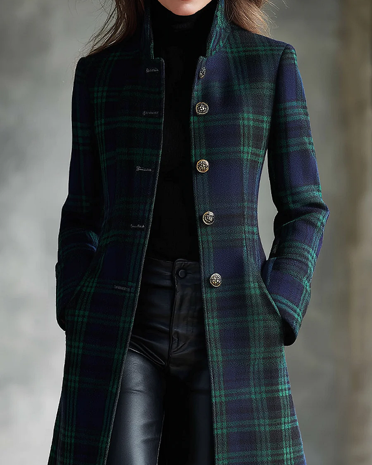 Giacca midi a quadri blu-verde retro con blocchi di colore