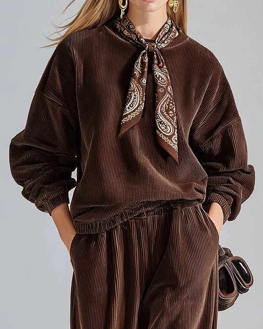 Set Casual in Velluto a Coste a Colore Unito con Felpa e Pantaloni a Gamba Larga