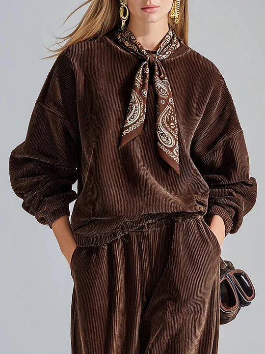 Set Casual in Velluto a Coste a Colore Unito con Felpa e Pantaloni a Gamba Larga