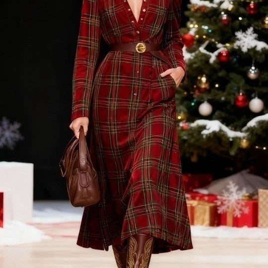 Abito Camicia Natalizio a Quadri Rossi con Colletto e Bottoni (Cintura Inclusa)