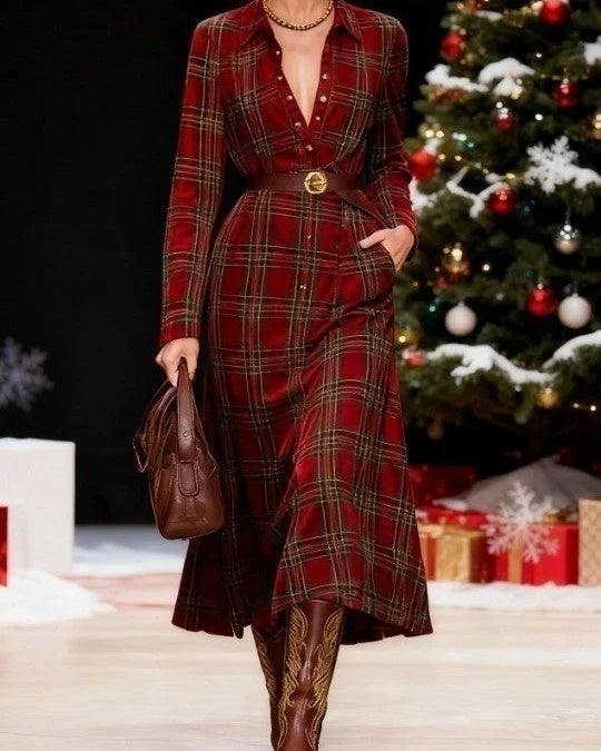 Abito Camicia Natalizio a Quadri Rossi con Colletto e Bottoni (Cintura Inclusa)