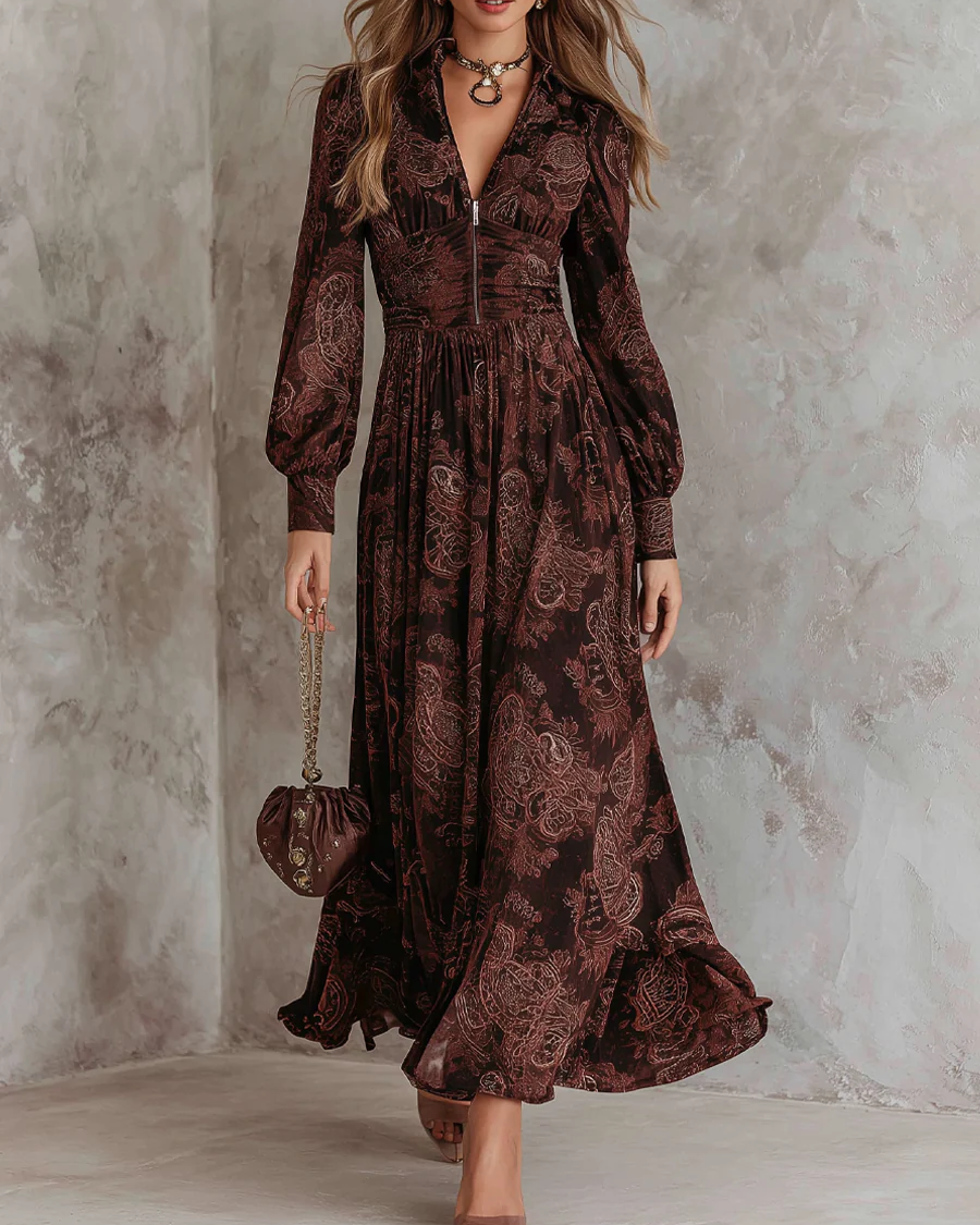 Abito Maxi Marrone con Motivo Paisley e Vita con Zip