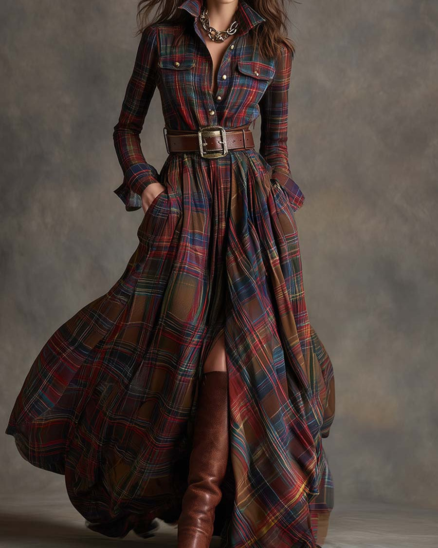 Giulia - Abito lungo a quadri marrone-rossiccio in stile etnico retrò con revers