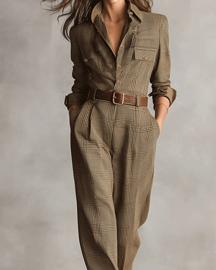 Alessia - Tuta utility in tweed marrone a fantasia raffinata