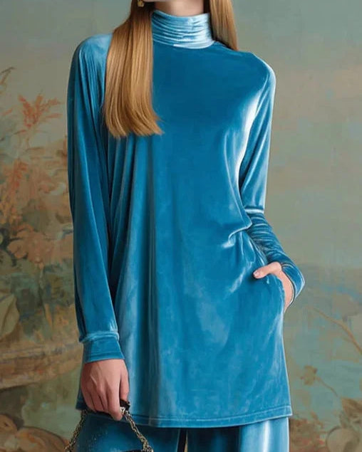 Set Casual in Velluto Blu con Collo Alto e Vestibilità Ampia