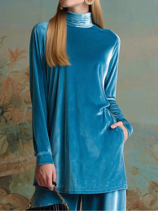 Set Casual in Velluto Blu con Collo Alto e Vestibilità Ampia