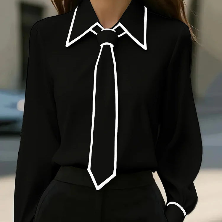Blusa elegante con collo annodato e finiture a contrasto