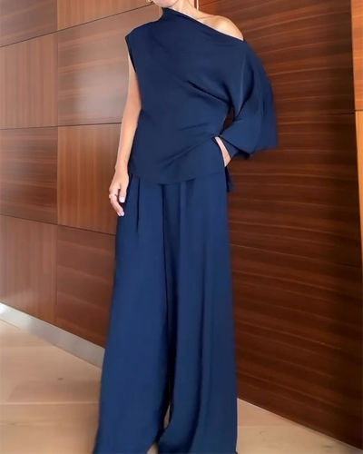 Completo donna due pezzi: top monospalla/off-shoulder a manica lunga e pantaloni