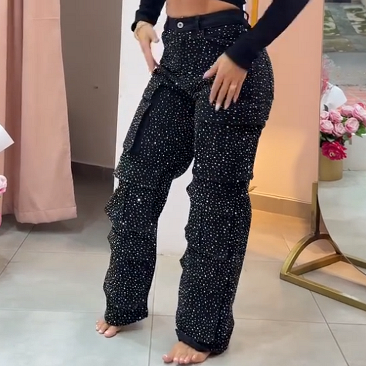 Pantaloni a Gamba Larga con Strass Eleganti