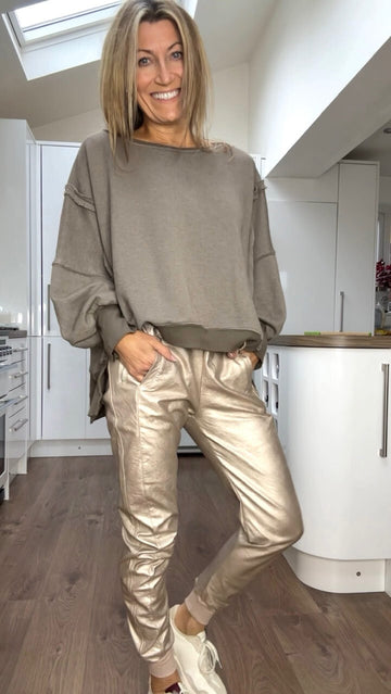 Set Top Casual con Collo Rotondo per Donna + Pantaloni in Pelle