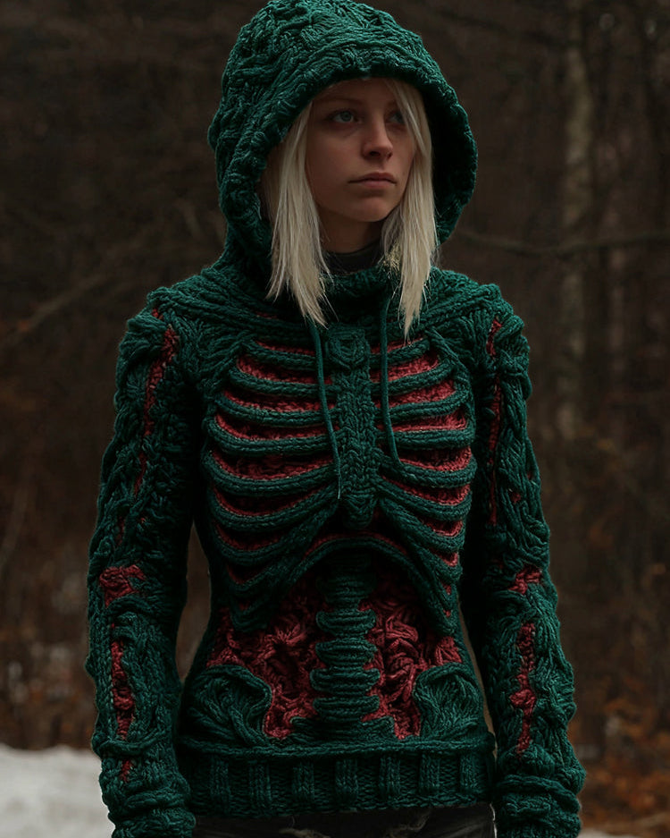 Maglione Cozy con Cappuccio Art Color Block Scheletro Bianco Vintage da Donna