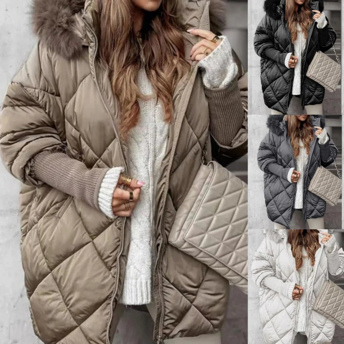 Parka da Donna alla Moda a Lunghezza Media – Autunno e Inverno con Maniche a Maglia e Patchwork, Vestibilità Slanciata per i Giorni Freddi