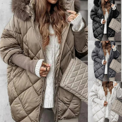 Parka da Donna alla Moda a Lunghezza Media – Autunno e Inverno con Maniche a Maglia e Patchwork, Vestibilità Slanciata per i Giorni Freddi