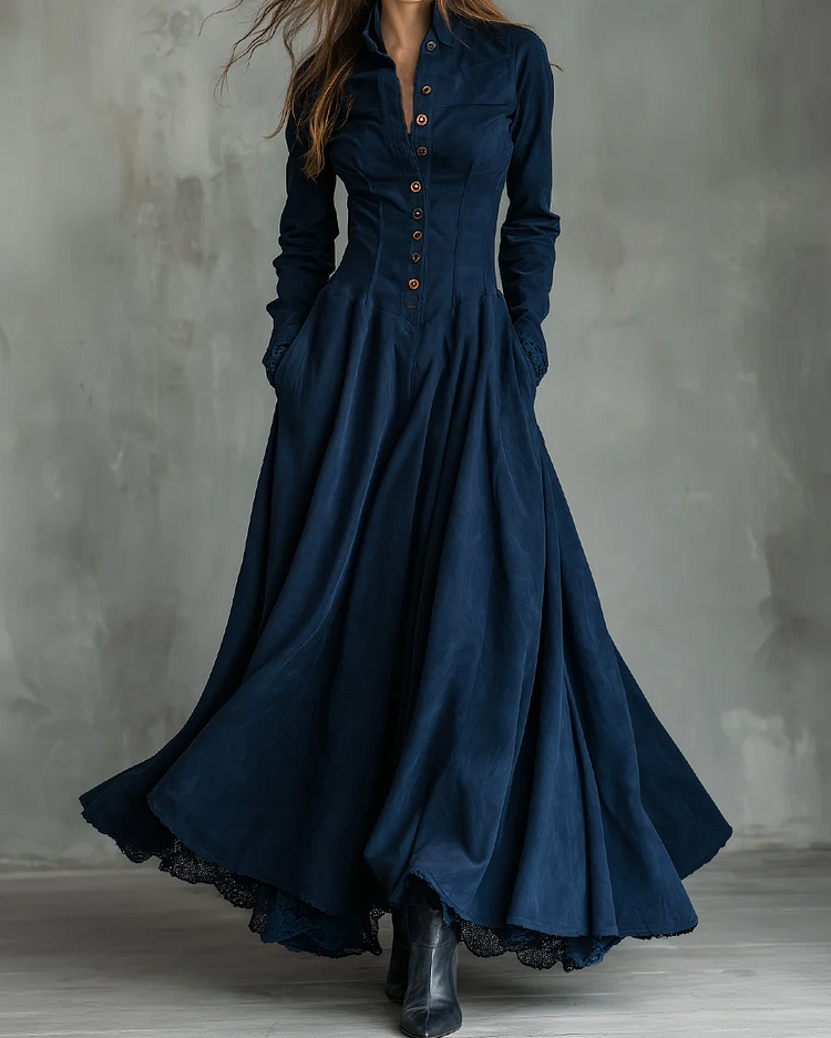 Abito maxi gotico blu scuro in finto scamosciato con pizzo