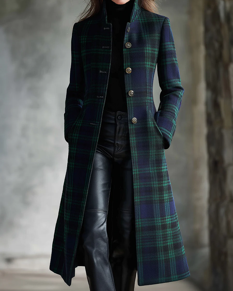 Giacca midi a quadri blu-verde retro con blocchi di colore