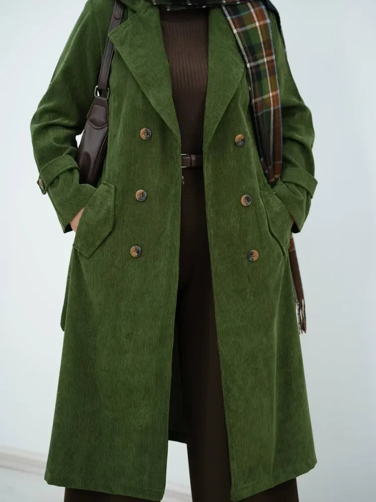 Trench da donna in velluto a coste con maniche lunghe e revers in tinta unita