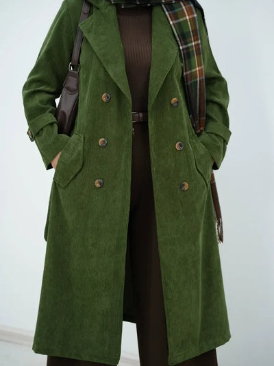 Trench da donna in velluto a coste con maniche lunghe e revers in tinta unita