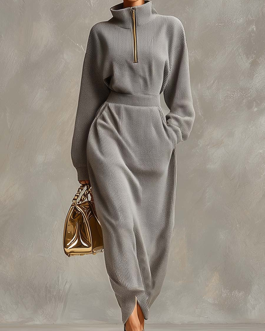 Abito Maxi Casual con Zip e Colletto Grigio Chiaro