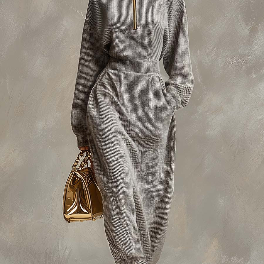 Abito Maxi Casual con Zip e Colletto Grigio Chiaro