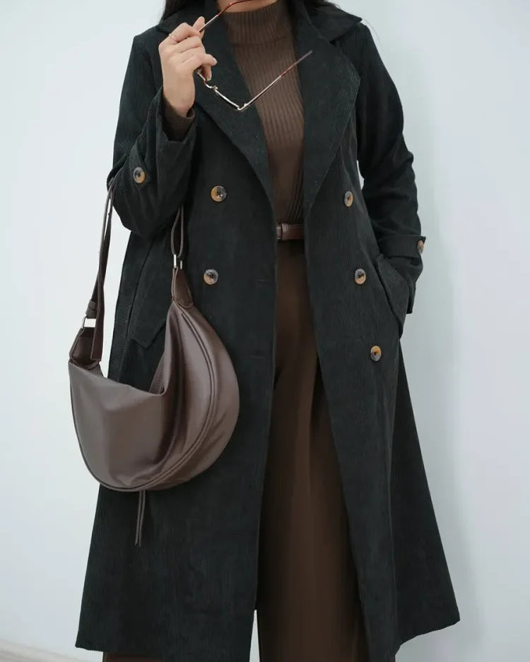 Trench da donna in velluto a coste con maniche lunghe e revers in tinta unita