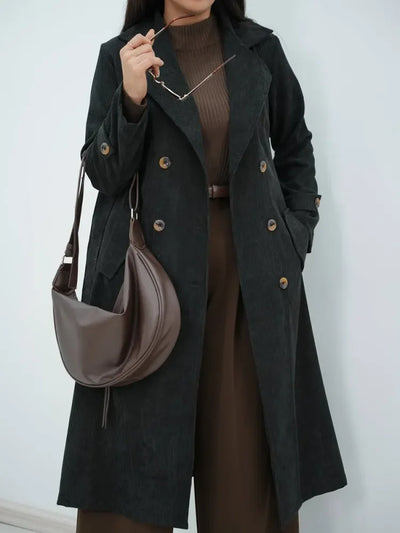 Trench da donna in velluto a coste con maniche lunghe e revers in tinta unita