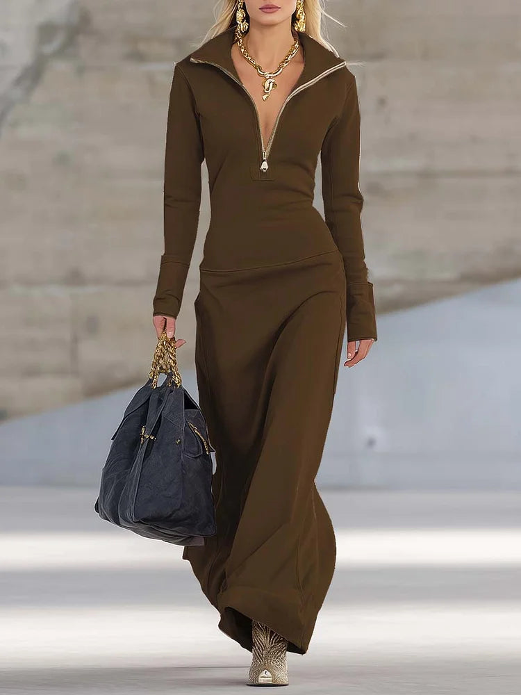 Abito Lungo Rosa Sportivo Retrò con Scollo a V e Cerniera Frontale a Maniche Lunghe