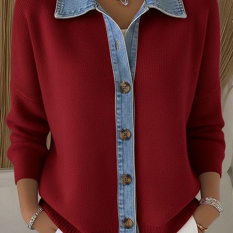 Cardigan in Maglia con Colletto Polo e Patchwork in Denim con Bottoni